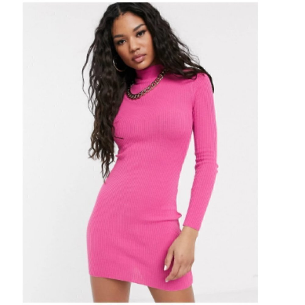 NEW Asos One Sleeve Mock Neck Ribbed Knit Dress Pink 8 chic fall spring street